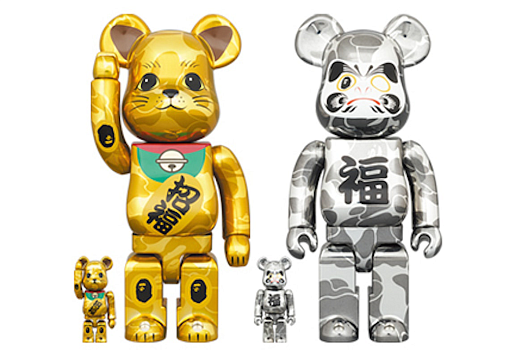 Bearbrick x BAPE Maneki Neko & Daruma 4-Pc Set Gold & Silver Plated 100% & 400%