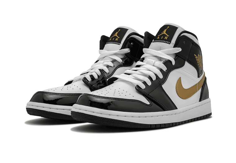Nike Air Jordan 1 Mid Patent Black White Gold